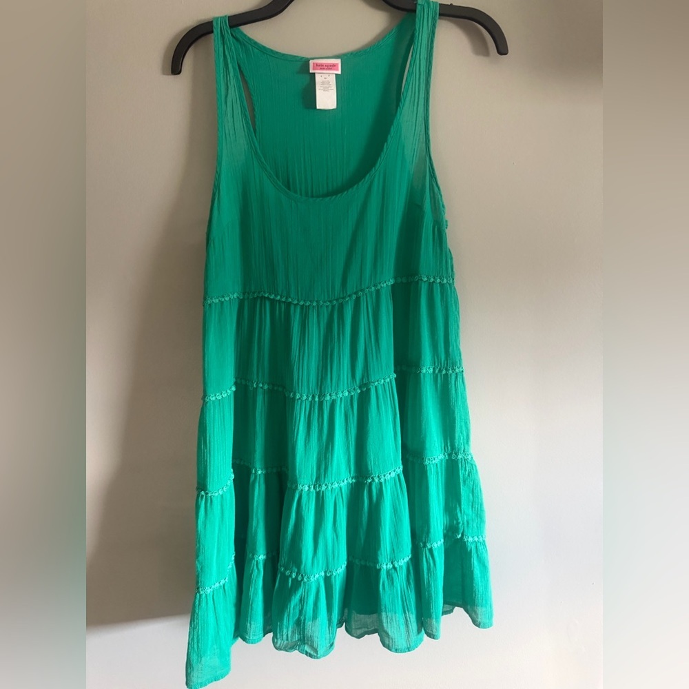 Kate Spade Emerald Green Tiered Sleeveless Sun dress Racerback Pom Pom trim sz S